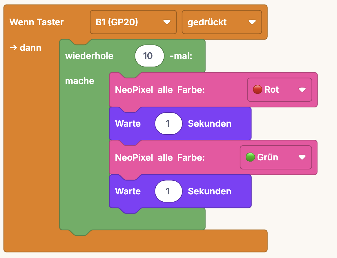Beispiel-Blockprogramm: Wenn Taster gedrückt, NeoPixel 10x rot/grün blinken lassen