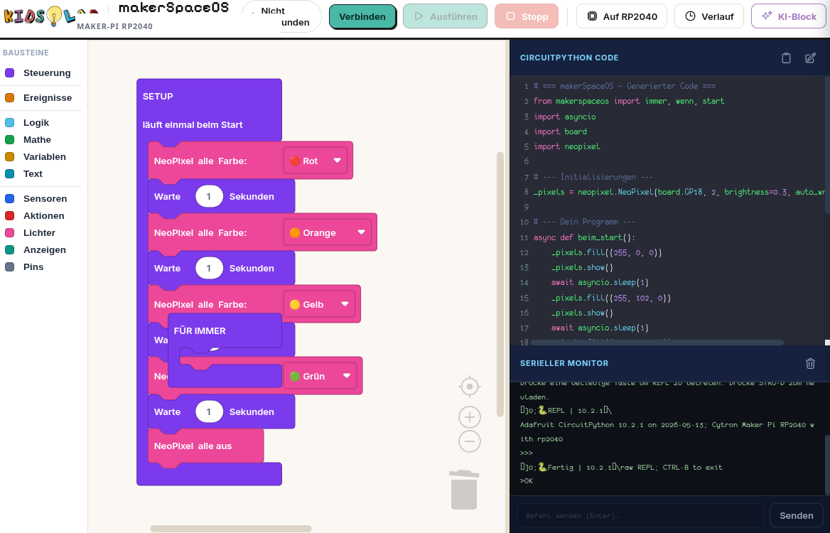 makerSpaceOS Editor: Blöcke links, generierter Python-Code rechts